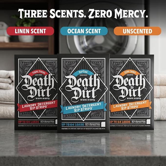 Death to Dirt Laundry Detergent Sheets, 192 Loads, Tough on Stains and Odors, Gentle on Skin and Fabric, Plant-Based & Eco-Friendly, RipTide Ocean Scent, 32ct (3 Pack)