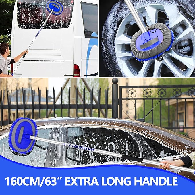 63” Long Handle Car Wash Brush Microfibre Extendable Cleaning Mop Mitt for Caravan Truck Van Tyre Window Wheel Roof 2 in 1 Interior Duster Remover Scratch Free Clean Product 3 Replacement Head