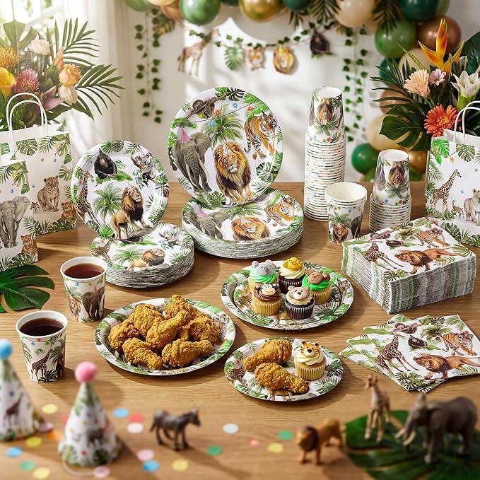 Pickmesh 250 Pcs Jungle Birthday Party Supplies Decorations Serve 50 Safari Animals Disposable Paper Plates Napkins and Cups Jungle Wild Animals Zoo Safari Baby Shower Birthday Wedding Party Supplies