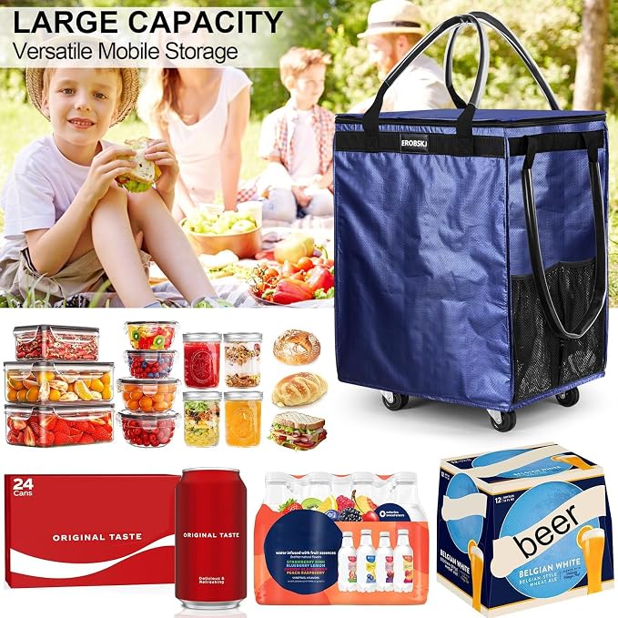 (Medium, Navy) Reusable Grocery Bag on Wheels, 70L Foldable Rolling Tote, Extra Storage for Shopping, Zipper Clouser Shopping Carts for Groceries, Laundry, Organization, Moving,4 Heavy Duty Wheels | Bag on Wheels