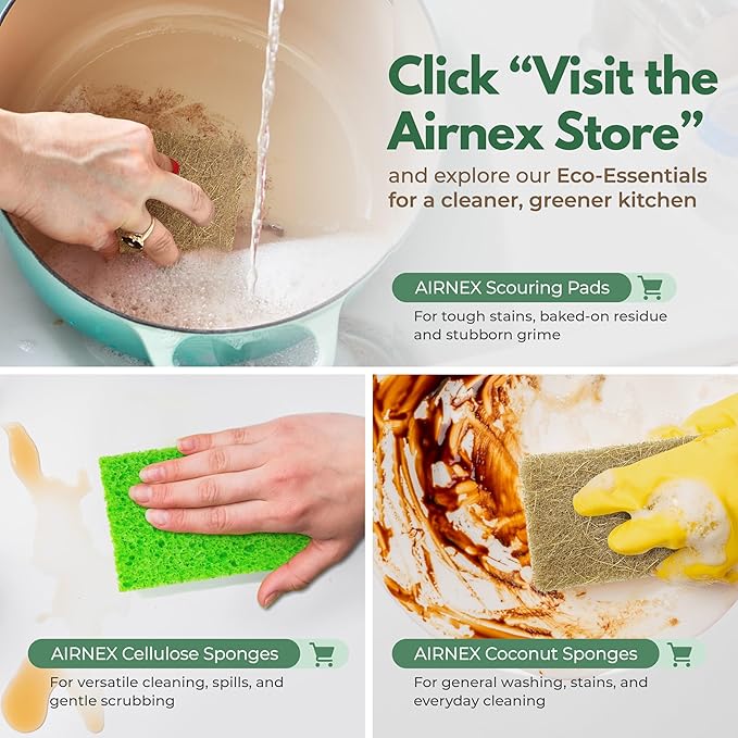 AIRNEX Pack of 12 Non Scratch Scouring Pads for Pots and Pans with Pack of 12 S-Shape Odor Free Natural Kitchen Sponges