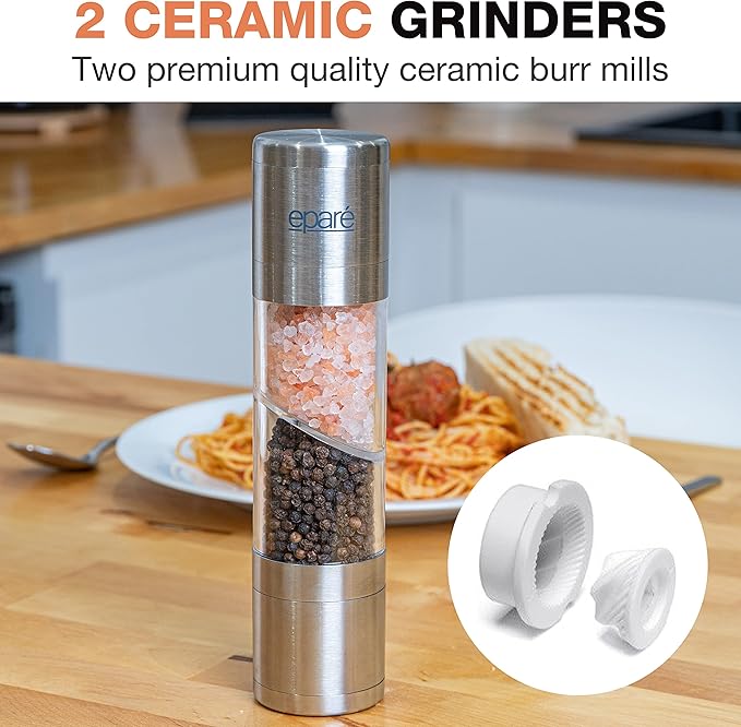 Eparé Bundle: Dual Salt & Pepper Grinder & Reusable Swedish Kitchen Dishcloth - Manual Combo Mill Grinders & Stylish & Washable Cellulose Paper Towel & Sponges Alternative