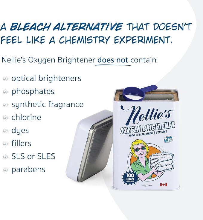Nellie's Oxygen Brightener - 100 Scoops - Planet Friendly Stain Remover - Safe Alternative to Bleach - Septic-Safe Formula - Compact Powder Form - Made in Canada | Chlorine-Free, Colour-Safe & Septic-Safe, Concentrated Oxygen Brightener Powder, Made in...