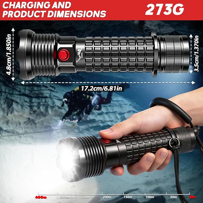 Scuba Dive Light - 5000LM Underwater Flashlight - IPX8 Waterproof 400M Beam, Magnetic Switch 4 Modes SOS, Rechargeable Diving Flashlight for Deep Sea Snorkeling