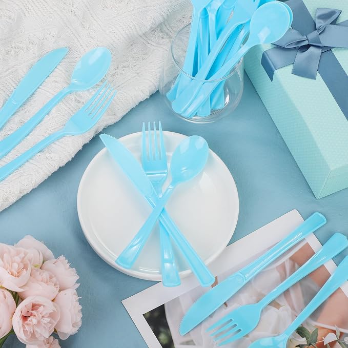 Kochorie 300 Pieces Graduation Light Blue Plastic Silverware, Disposable Plastic Utensils, Heavy Duty Cutlery Set Heavyweight Flatware Includes Spoons Forks Knives for Birthday Party Wedding Dinner