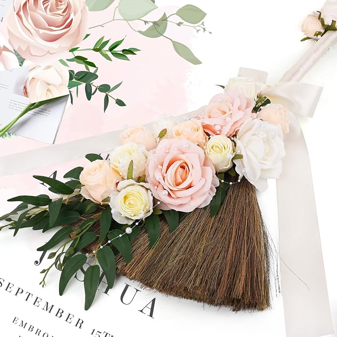 Wedding Broom DIY Jumping Broom for Wedding Ceremony 28 inch Tall Whisk with Artificial Roses/Green Leaves/Ribbons/Pearl