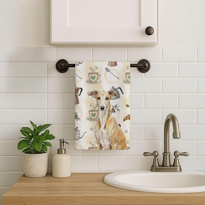 Caroline's Treasures Fawn Whippet Coffee Bar Kitchen Towel Velour Plush Front and Cotton Loop Back Machine Washable