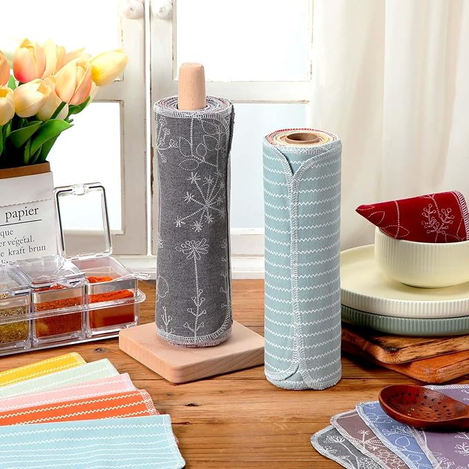 Redbaker 50 Pcs Reusable Paper Towels Paperless Reusable Cotton Cloths Toilet Absorbent Washable Paper Towels with Roll Kitchen Dishcloth for Kitchen Paperless Dishcloths(Stripe)