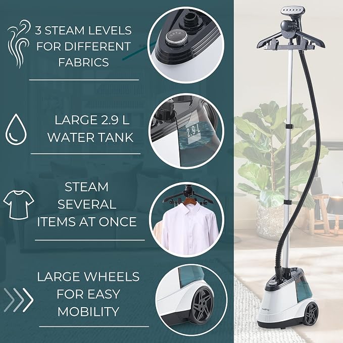 True & Tidy® Heavy Duty Auto Shut-off Commercial Garment Steamer, Smart Water Sensor w/Beep Alert, 3 Steam Settings, XL 3L Tank, 1800 watts, 90+min of Continuous Steam for Home and Commercial Use