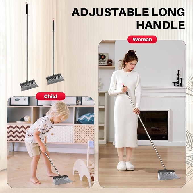 JOYMOOP Black and Red Broom and Dustpan Set, Upright Angle Design with Built-in Comb Teeth for Home, Office, Hard Floors