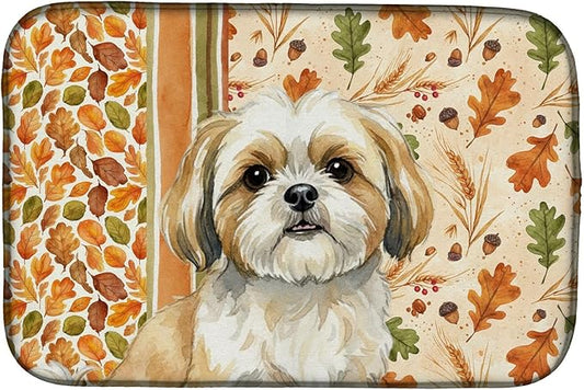 Caroline's Treasures Gold and White Shih Tzu Heirloom Fall Dish Drying Mat Absorbent Dish Drying Mat Pad for Kitchen Counter Dish Drainer Mat for Countertop, 14 x 21", Multicolor
