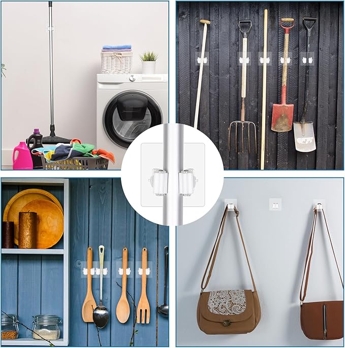 Teenyyou 36 Pcs White Wall Hook Set,Include 24pcs Hanging Hook,12pcs Broom and Mop Holder Wall Mounted for Bathroom,Kitchen,Office,Outdoor and Indoor Tool Organizer