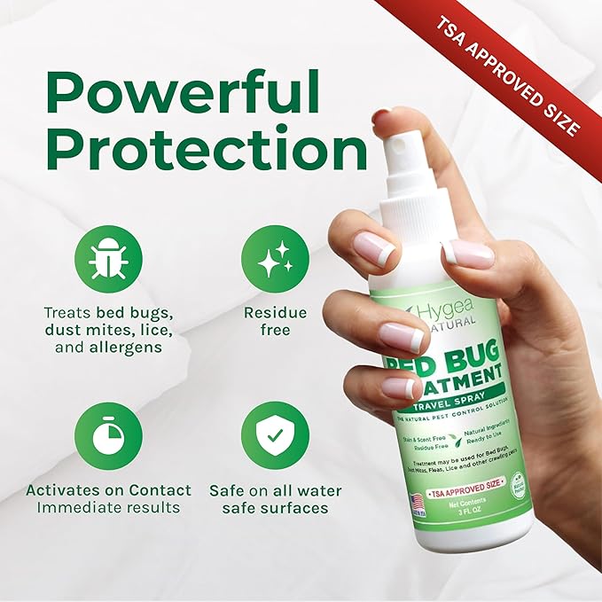 Hygea Natural Lice, Mite, and Bed Bug Killer Travel Spray - TSA Approved Size – Child & Pet Friendly – Immediate Results – Stain & Odor Free, for Hotels, Suitcase, Backpack, Shoes, Bed Bug Spray(3oz)
