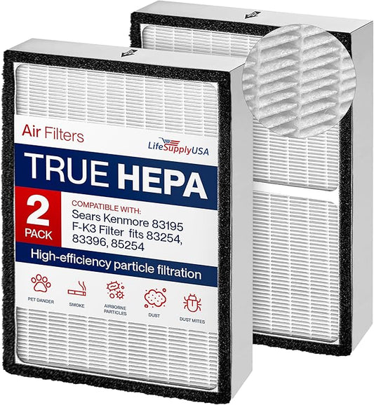 True HEPA Filter Replacement Compatible with Sears Kenmore 83195 F-K3 Filter fits 83254 83396 85254 Air Purifiers by LifeSupplyUSA (2-Pack)