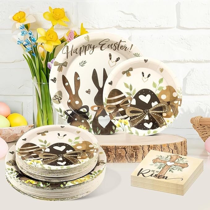150 Pcs Happy Easter Plates and Napkins,Easter Egg Bunny Disposable Dinnerware Set for Holiday Party Supplies Table Decorations, Serves 50