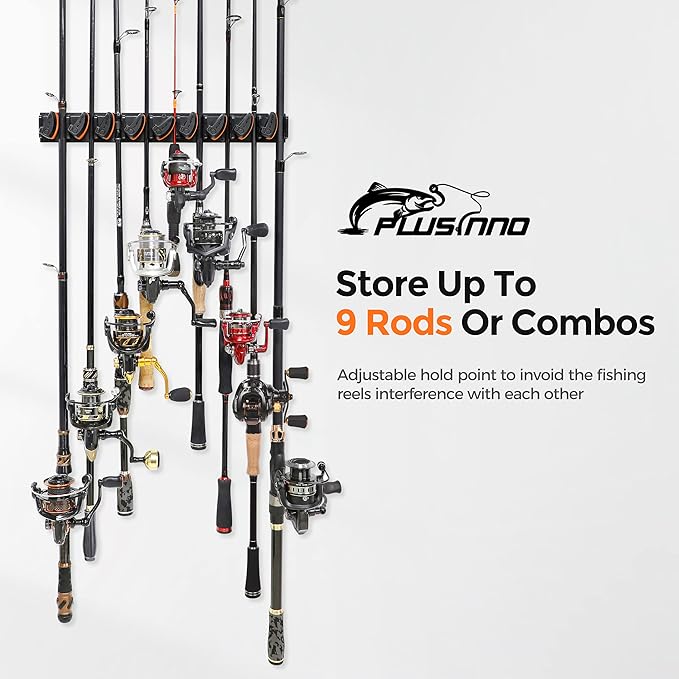 PLUSINNO V9 Vertical Fishing Rod Holders, 2 Packs Wall Mounted Fishing Pole Holders, Fishing Rod Racks Hold Up to 18 Rods or Combos, Fishing Pole Holders for Garage, Fishing Gear and Gifts for Men