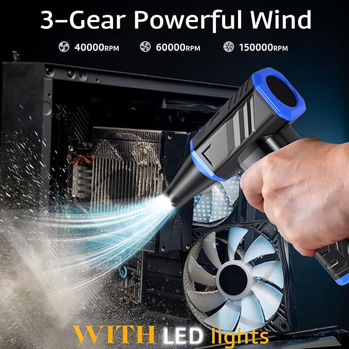Electric Compressed Air Duster with LED Light-150000 RPM High-Speed Rechargeable Air Blower for Cleaning Keyboards,PC,Cars,3-Gear Adjustable Dust Blower Cordless, Alternative to Canned Air