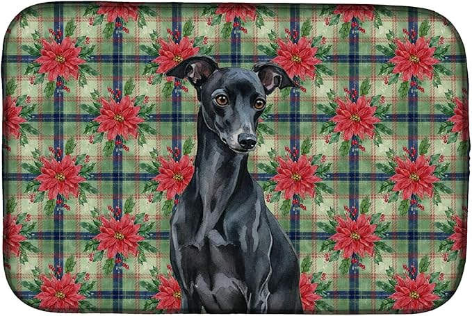 Caroline's Treasures Black Italian Greyhound Christmas PoinsettIas Dish Drying Mat Absorbent Dish Drying Mat Pad for Kitchen Counter Dish Drainer Mat for Countertop, 14 x 21", Multicolor