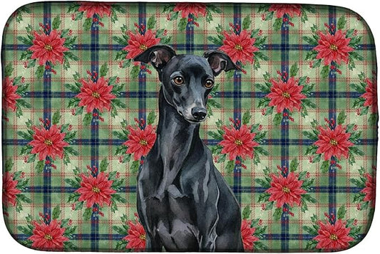 Caroline's Treasures Black Italian Greyhound Christmas PoinsettIas Dish Drying Mat Absorbent Dish Drying Mat Pad for Kitchen Counter Dish Drainer Mat for Countertop, 14 x 21", Multicolor