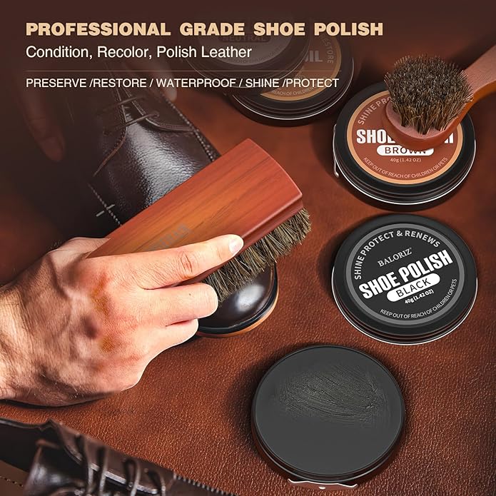 Shoe Polish Kit, 13PCS Leather Shoes Shine Kit for Men with Black Brown Neutral Polish, Mink Oil, Horsehair Brushes for Leathers Boot Care as Mens Dad Christmas Gifts Ideas