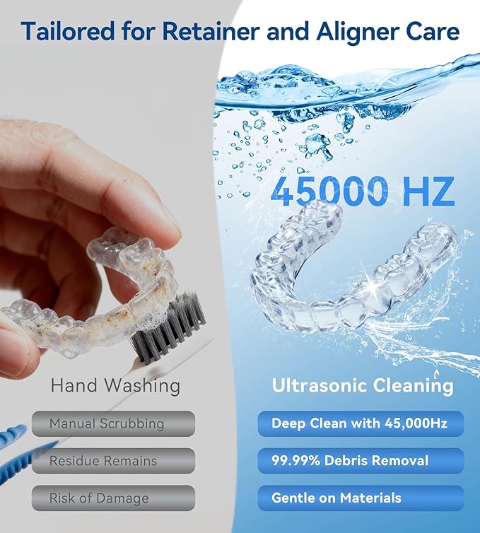 Ultrasonic Retainer Cleaner, 45kHz Retainer Cleaner Machine with Digital Timer & 4 Modes, 200ML Portable Dental Cleaning Pod for Aligners, Dentures, Night Guards, Braces, Jewelry, Black