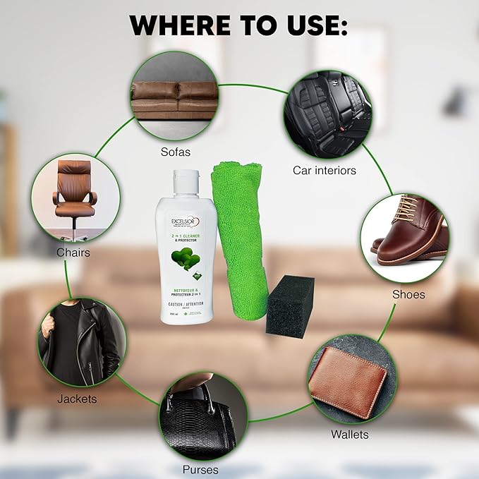 Excelsior Revitalizing 2 in 1 Leather Cleaner & Conditioner Care Kit Includes Polishing Cloth & Sponge