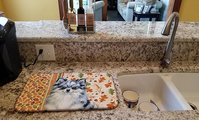 Caroline's Treasures Blue Merle Pomeranian Heirloom Fall Dish Drying Mat Absorbent Dish Drying Mat Pad for Kitchen Counter Dish Drainer Mat for Countertop, 14 x 21", Multicolor