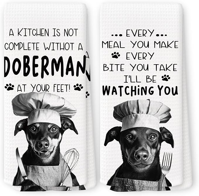 Funny Chef Doberman Dog Kitchen Towels 16x24 Inch Set of 2 | Doberman Lovers Gifts for Women Men Dish Tea Towels for Kitchen, Dog Lover Mom Dad Owner Gifts Decorative Hand Towel