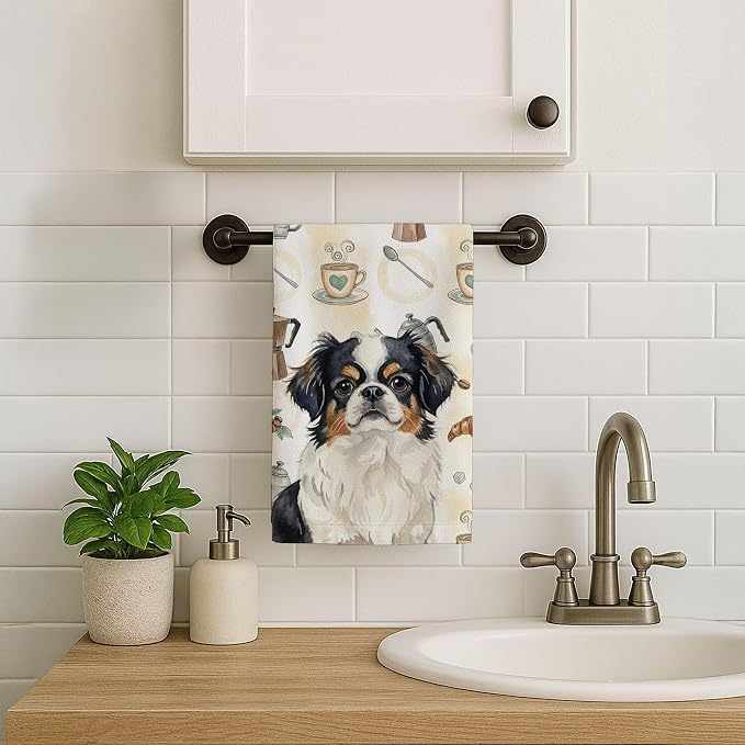 Caroline's Treasures Tricolor Japanese Chin Coffee Bar Kitchen Towel Velour Plush Front and Cotton Loop Back Machine Washable