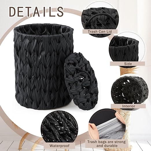 Ctosree 1.3 Gallons Small Trash Can with Lid Handle Boho Woven Braided Bathroom Waste Basket Trash Can with 100 Garbage Bags for Bedroom Office Laundry(Braided Polypropylene, Black)