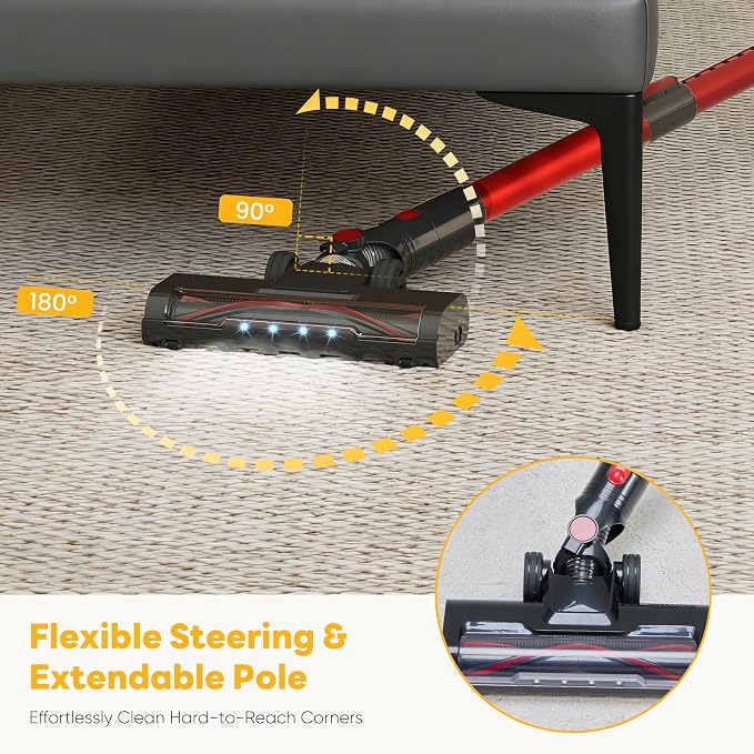 OLIXIS Cordless Vacuum Cleaner with Flexible Steering & Extendable Pole,3 Brush Heads, Lightweight Wireless Rechargeable Upright Vacuum with LED Light & Wall Mount for Hardwood Floors & Carpet