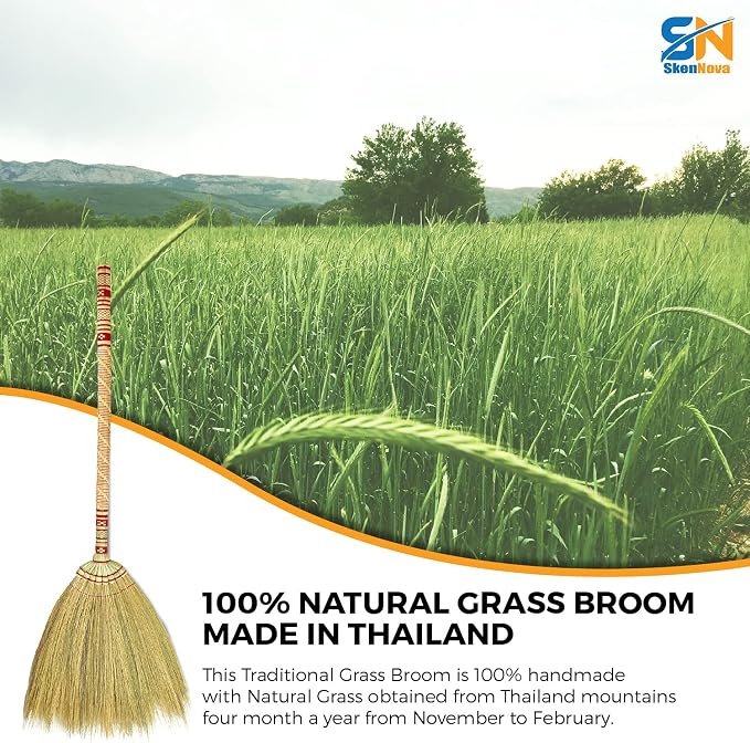 Asian Broom Grass Bamboo Stick with Full Embroidery Woven Nylon Thread Handle (Thai Pattern 2, Green)