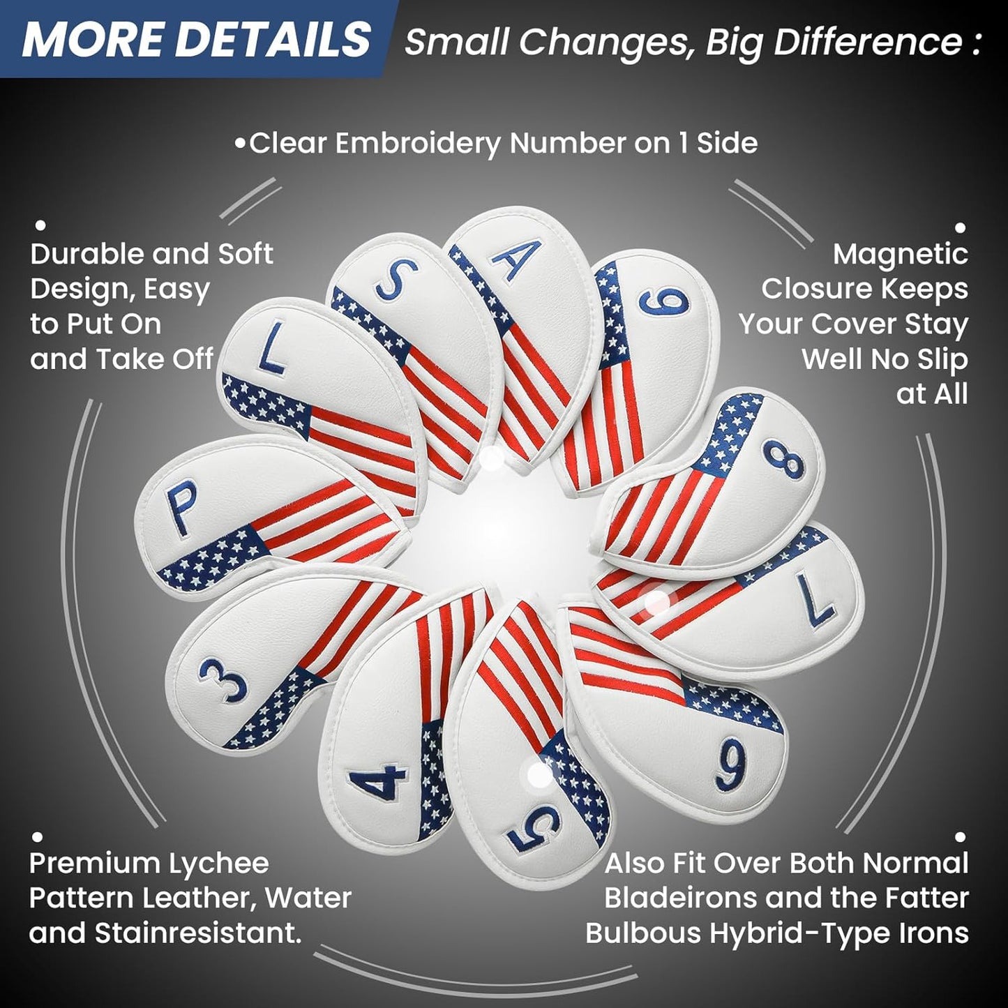 FINGER TEN Golf Club Covers for Irons Magnetic Value 11 Pack, Synthetic Leather Deluxe Head Cover Set Headcovers for Irons Fit Main Iron Clubs