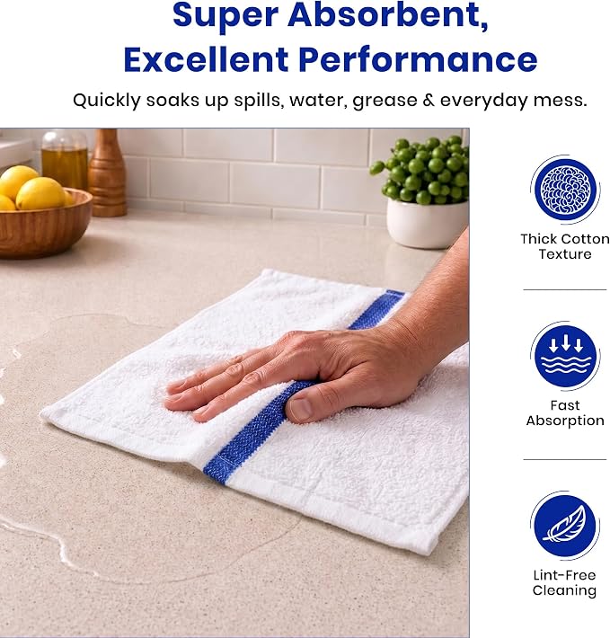 Bar Mops Pack of 36 (14" x 19") - 100% Cotton Cleaning Rags for Housekeeping - Thick, Absorbent & Reusable Bar Towels for Cleaning House & Restaurant - Kitchen Towels Bulk (Blue Stripe)
