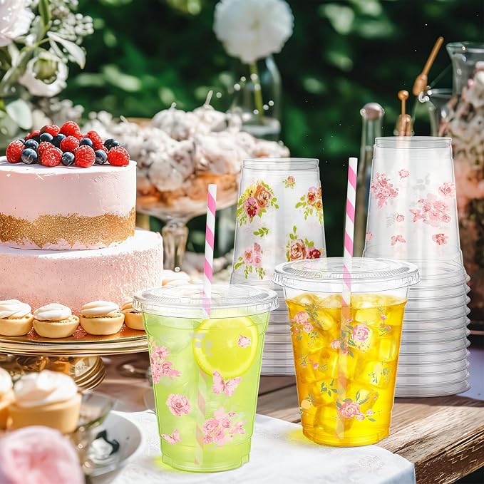 FoldTier 100 Pcs 12 oz Pink Floral Plastic Cups with Lids and Straws - Tea Party Disposable Cold Drink Cups for Baby Bloom Baby Shower, Love in Bloom Bridal Shower, Flower Graduation Party Decoration