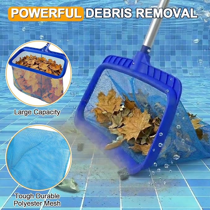 Heavy Duty Pool Cleaning Kit with Aluminum Pole, Wall Brush & Leaf Skimmer | 10.5FT Telescoping Pole, 17" Nylon Bristle Brush, Leaf Rake, Handheld Sponge brush, Fits Inground & Above Ground Pools
