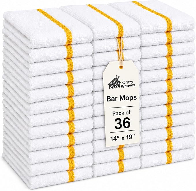 Bar Mops Pack of 36 (14" x 19") - 100% Cotton Cleaning Rags for Housekeeping - Thick, Absorbent, Reusable Bar Towels for Cleaning House & Restaurant - Kitchen Towels Bulk (Yellow Stripe)