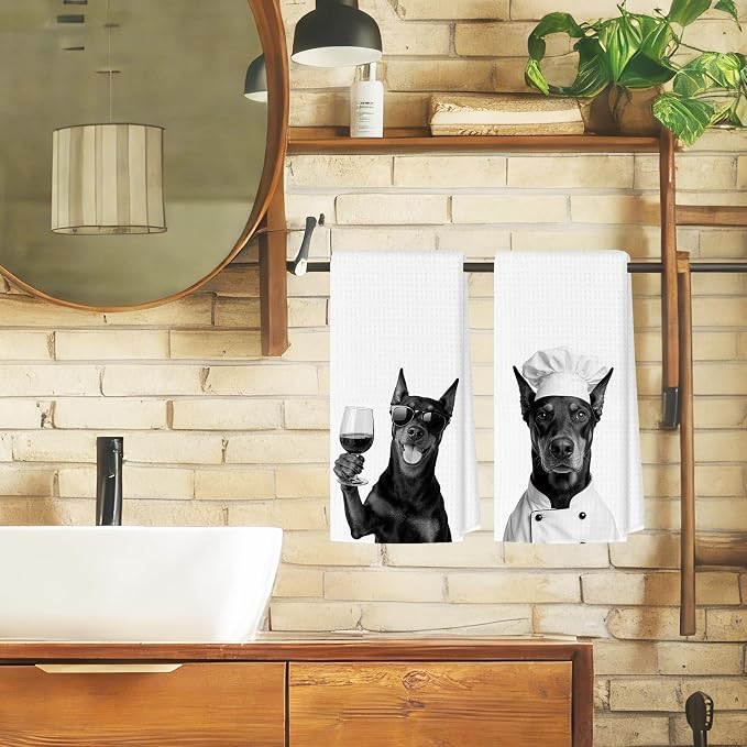 Funny Doberman Kitchen Towels Set of 2, Dog Kitchen Bar Accessories, Dog Chef Gifts for Women Decorative Hand Towels for Kitchen Decor, Doberman Lovers Dish Tea Towel, 16x24 Inch