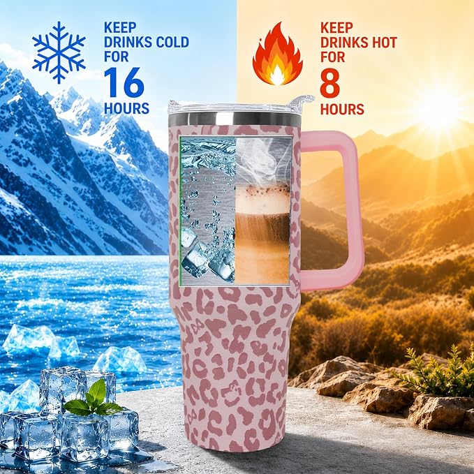 Ceovfoi 40oz Pink Leopard Print Insulated Tumbler with Handle, Travel Coffee Mug with Lid Straw, Trendy Y2K Animal Print Decor & Fashion Gift