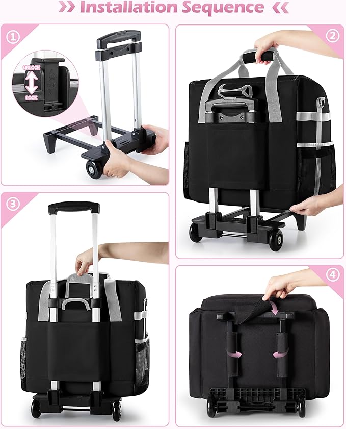 Marscamd Large Rolling Cleaning Caddy Bag with Detachable Trolley, Cleaning Supplies Organizer with Wheels for Housekeepers, Black