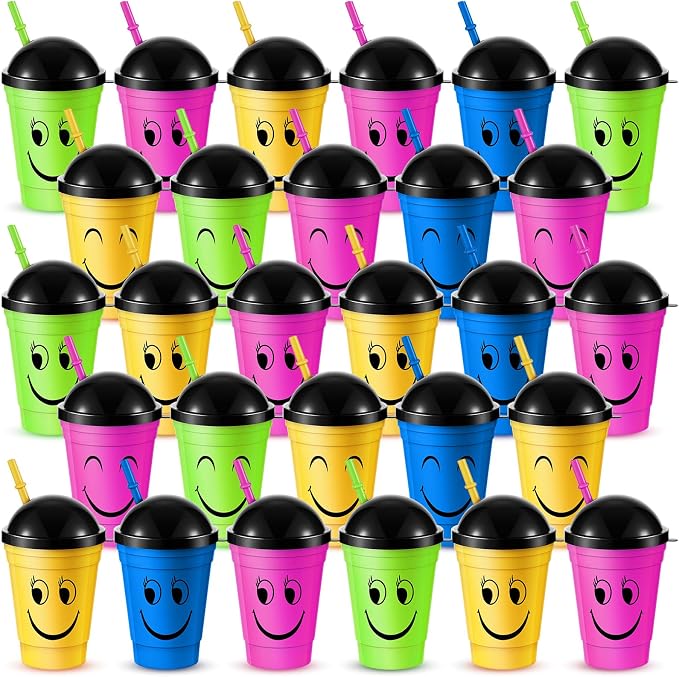Bokon 50 Pack Smile Face Sipper Cups with Lids and Straws for Kids 12 oz Reusable Plastic Kids Cups with Lids for School Events Birthday Party Supplies, 4 Random Colors