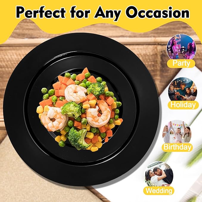 100 PCS Black Plastic Plates, Plastic Black Disposable Plates Include 50 10 inch Dinner Plate and 50 7 inch Dessert Plate Perfect for Party, Wedding