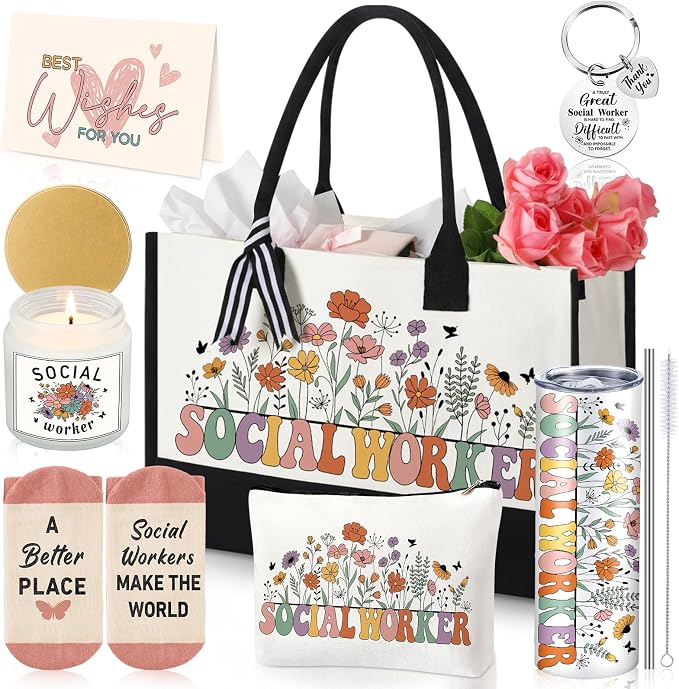 Patelai 7 Pcs SocialWorker Appreciation, School Worker Must Haves Gifts with 20 oz Tumbler Tote Bag Candle Socks Makeup Bag Keychain Card for for Bsw Msw Dsw Lcsw Coworker Volunteer Office Supplies