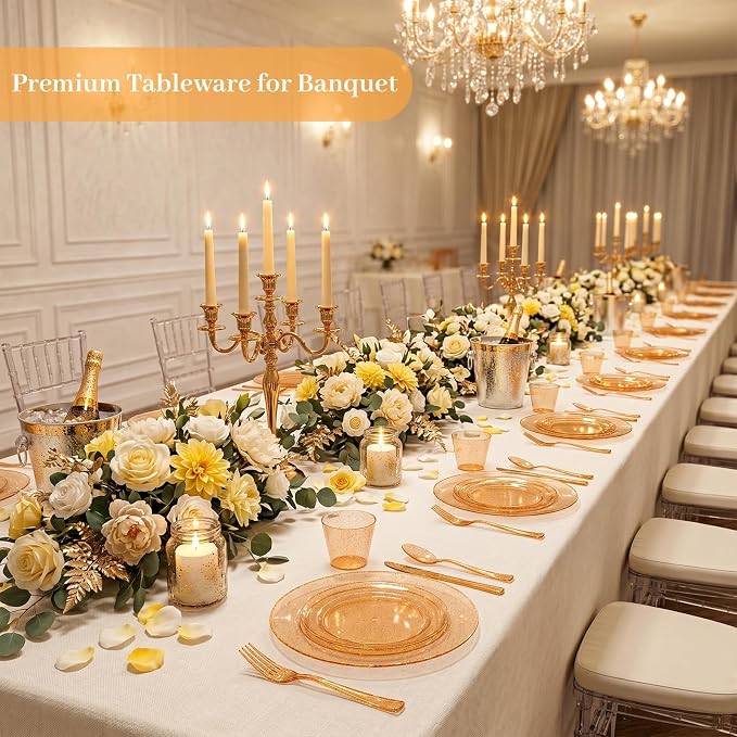 DaYammi 350PCS Orange Glitter Plastic Dinnerware Set for 50 Guests, Fancy Disposable Plates for Party, Include: 50 Dinner Plates, 50 Dessert Plates, 50 Pre Rolled Napkins with Silverware, 50 Cups