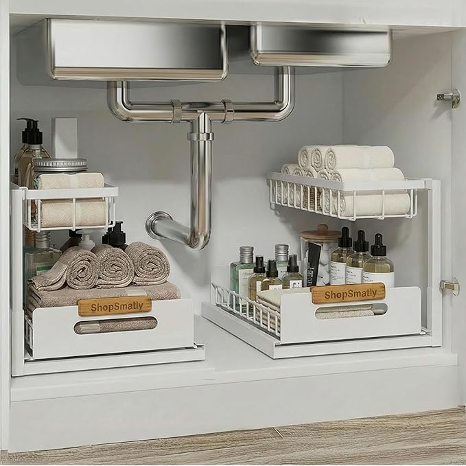 Under Sink Organizer 2-Pack, Metal Under Sink Organizer for Kitchen & Bathroom, Multi-Use Under Sink Storage Rack for Cleaning Supplies and Bathroom Essentials (White)