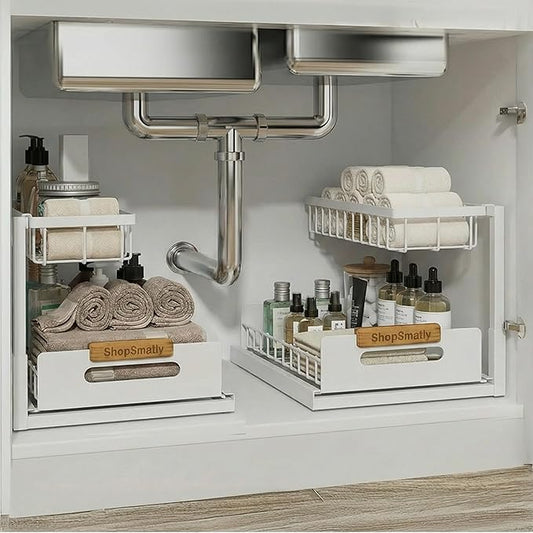 Under Sink Organizer 2-Pack, Metal Under Sink Organizer for Kitchen & Bathroom, Multi-Use Under Sink Storage Rack for Cleaning Supplies and Bathroom Essentials (White)