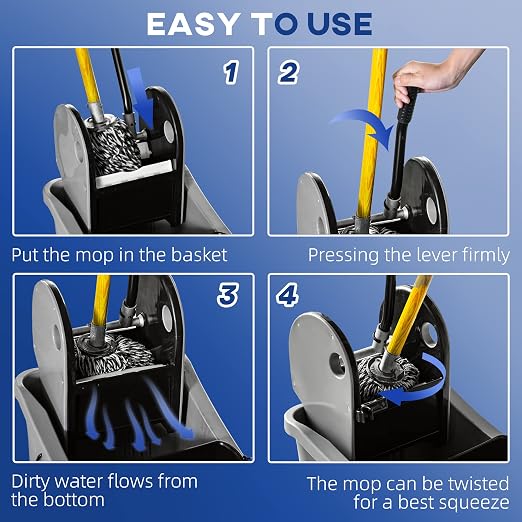HOMCOM 9.5 Gallon (38 Quart) Mop Bucket with Wringer Cleaning Cart, 4 Moving Wheels, 2 Separate Buckets, & Mop-Handle Holder, Grey