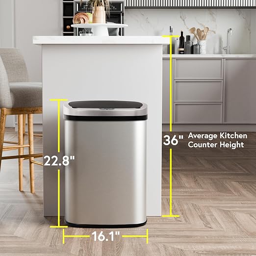 24/7 Shop at Home Freeway 13 Gallon Metal Household Trash Can Motion Sensor Lid for Kitchen, Silver