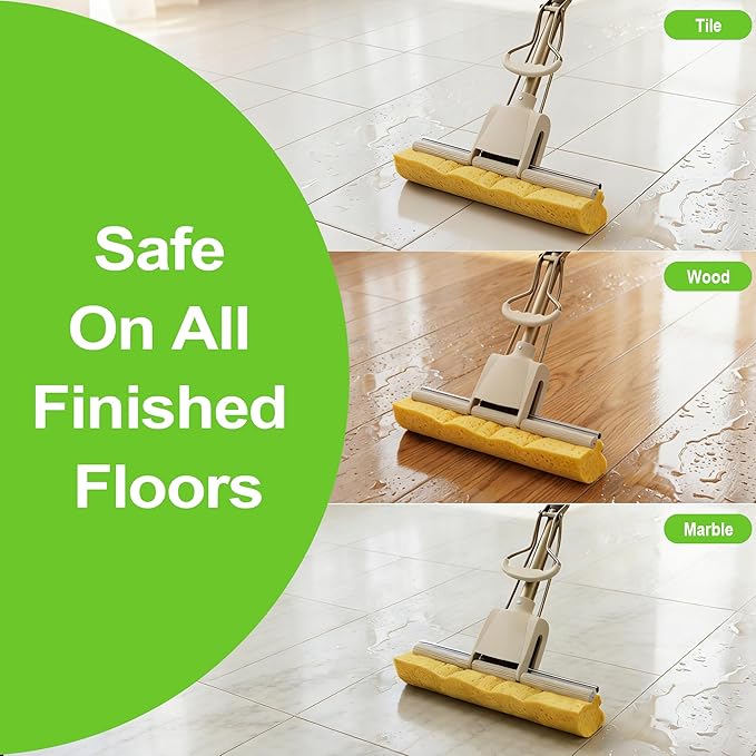 LILAC Cellulose Sponge Mop with 2 Replacement Heads, 4-Color Handle Choices for Zoned Cleaning, Super Absorbent Pop Up Roller Mop for Hardwood,Laminate Floors, Heavy Duty Floor Scrubber (Green)