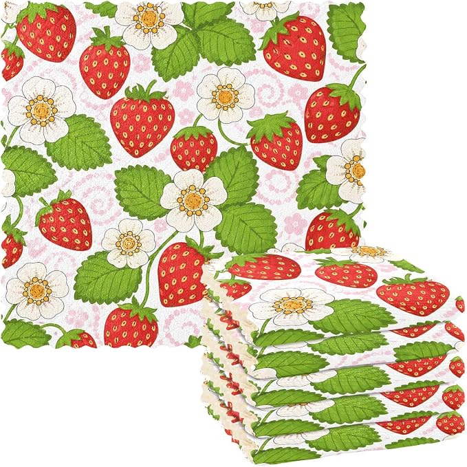 JIPONI 6 Pack Kitchen Dishcloth, Strawberry Daisy Absorbent Dish Towels Reusable Soft Cleaning Cloths 11 x 11 inch